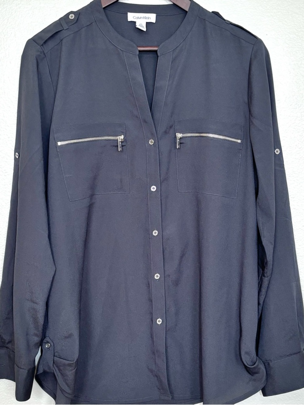 Calvin Klein Dark Gray Zip Pocket Blouse Long Sleeve Roll Tab Top Size L